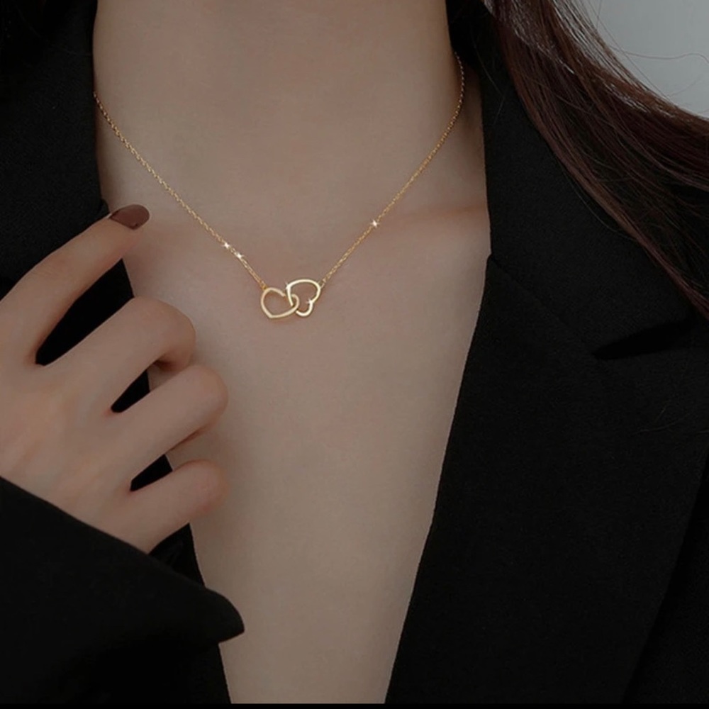 Simple Double Heart Pendant Necklace for Women Couple Stainless Steel - Picture 5 of 6